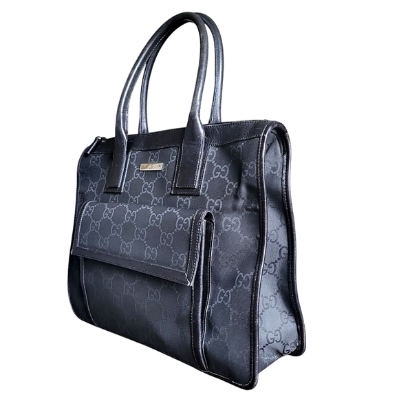 Gucci GG Canvas Nylon Leather Handbag Black Monogram Tote Bag 152283 - Picture 2 of 14